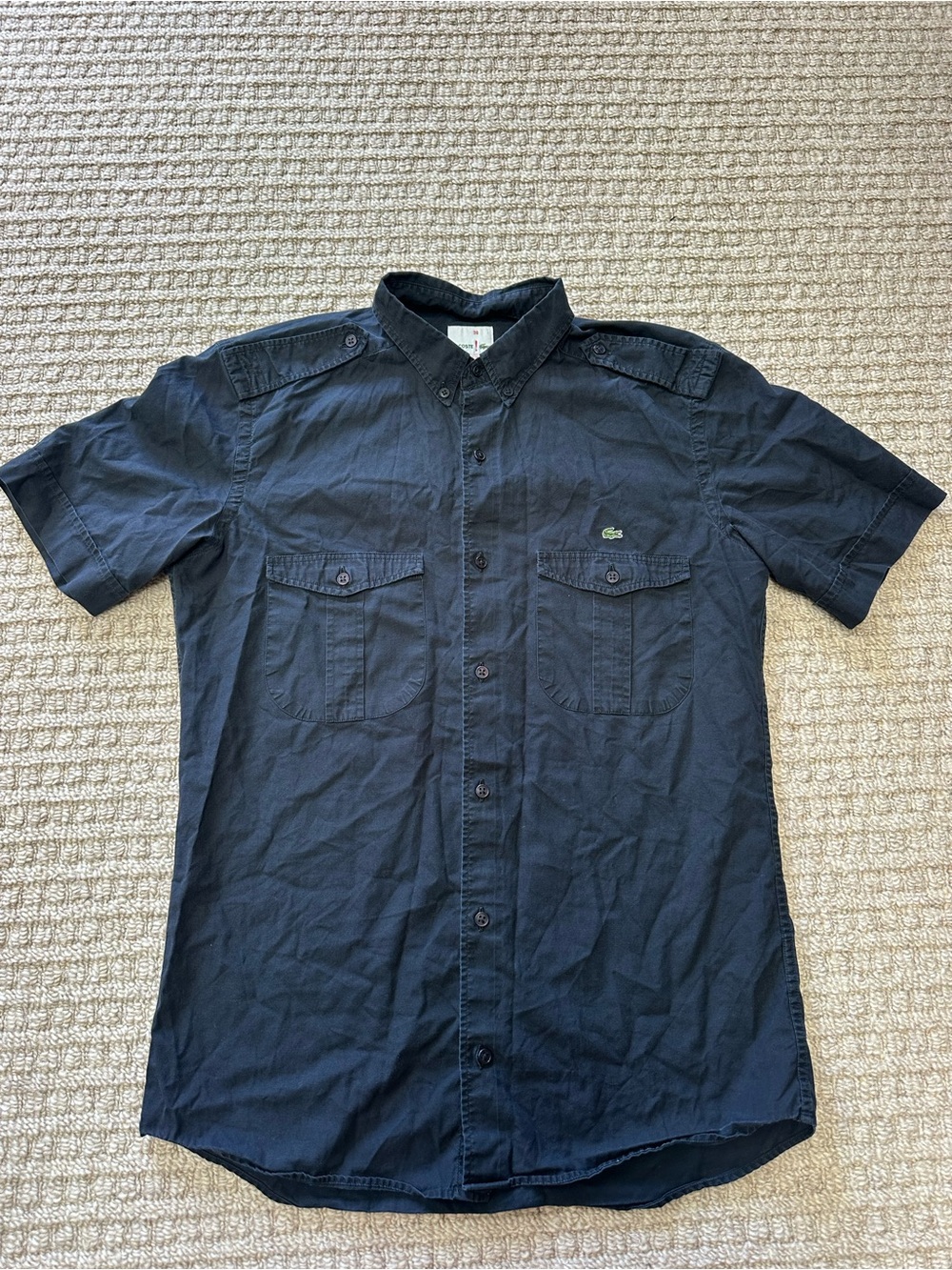 Lacoste Vintage Black Cotton Button Down Short Sleeve Polo Logo Shirt